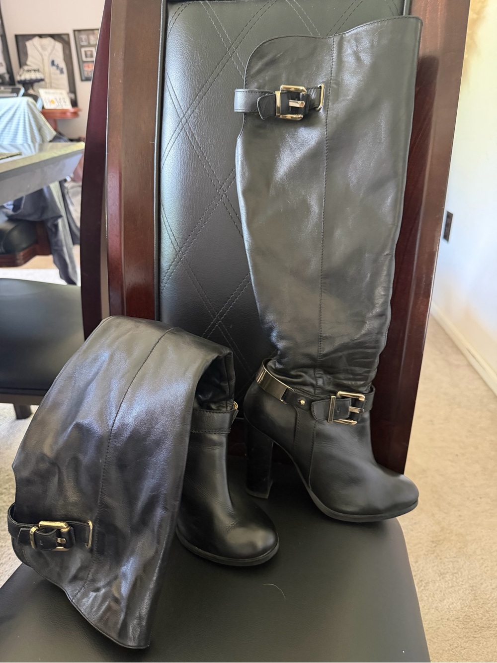 Classic Tall Black Leather Heeled Riding Boots with Gold Buckles